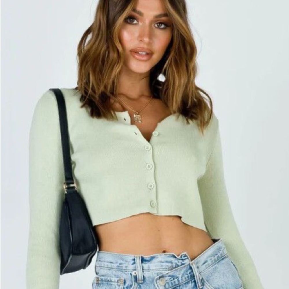Princess Polly Cropped Button-Up Knit Top - Light Sage US0